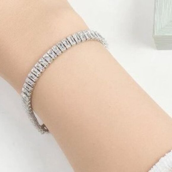 Sterling Silver with Clear Cubic Zirconia Baguette Tennis Bracelet - Picture 3 of 12
